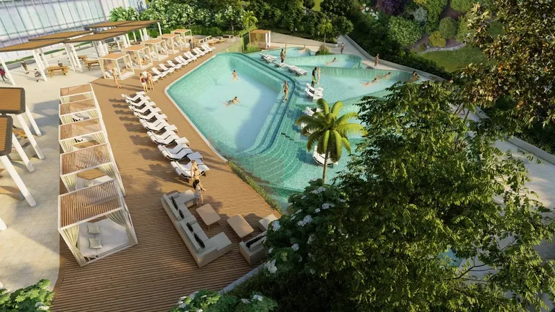 Sobha Hartland II / Pool und schattige Aufenthaltsbereiche