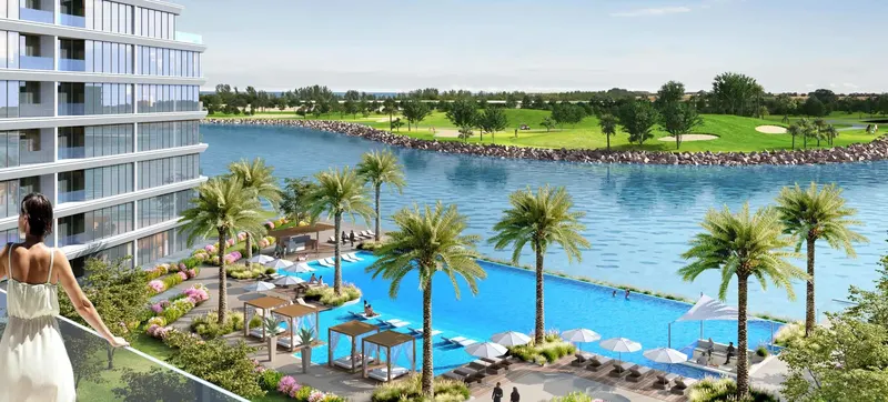 Sobha Siniya Island / Pool terrace overlooking the water and golf landscape