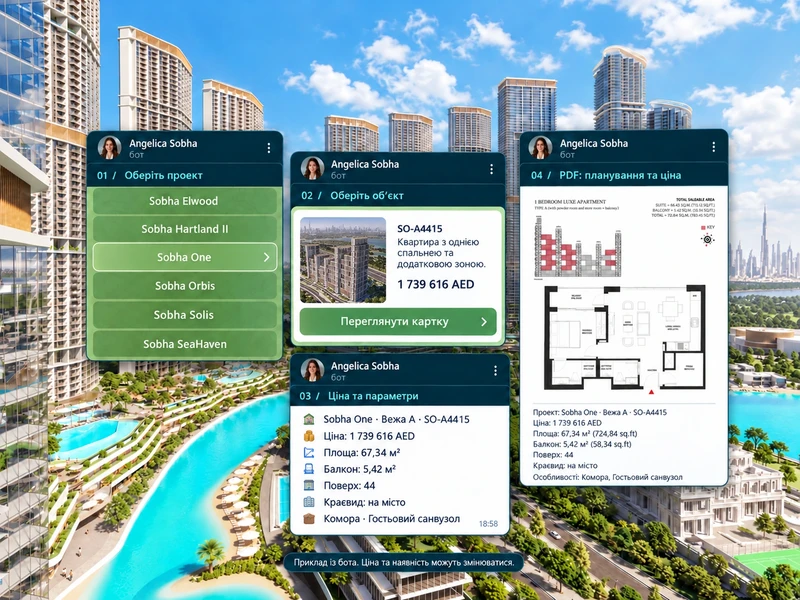 Денна панорама Sobha Hartland II та чотири картки Telegram: вибір проєкту, вибір об’єкта, ціна та параметри, PDF із плануванням. У прикладі обрано Sobha One, мініатюра та квартира SO-A4415 належать до цього проєкту. Угорі повідомлень зображена Анжеліка.