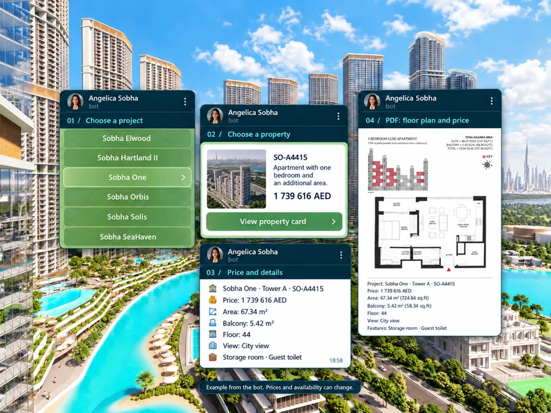 Daytime Sobha Hartland II panorama with four Telegram cards: project selection, property selection, price and details, and the floor plan PDF. The selected project and the property thumbnail are Sobha One, with apartment SO-A4415. Angelica appears in the chat headers.