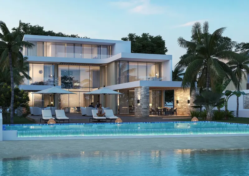 Sobha Siniya Island / Villa façade, pool and outdoor terrace in the evening