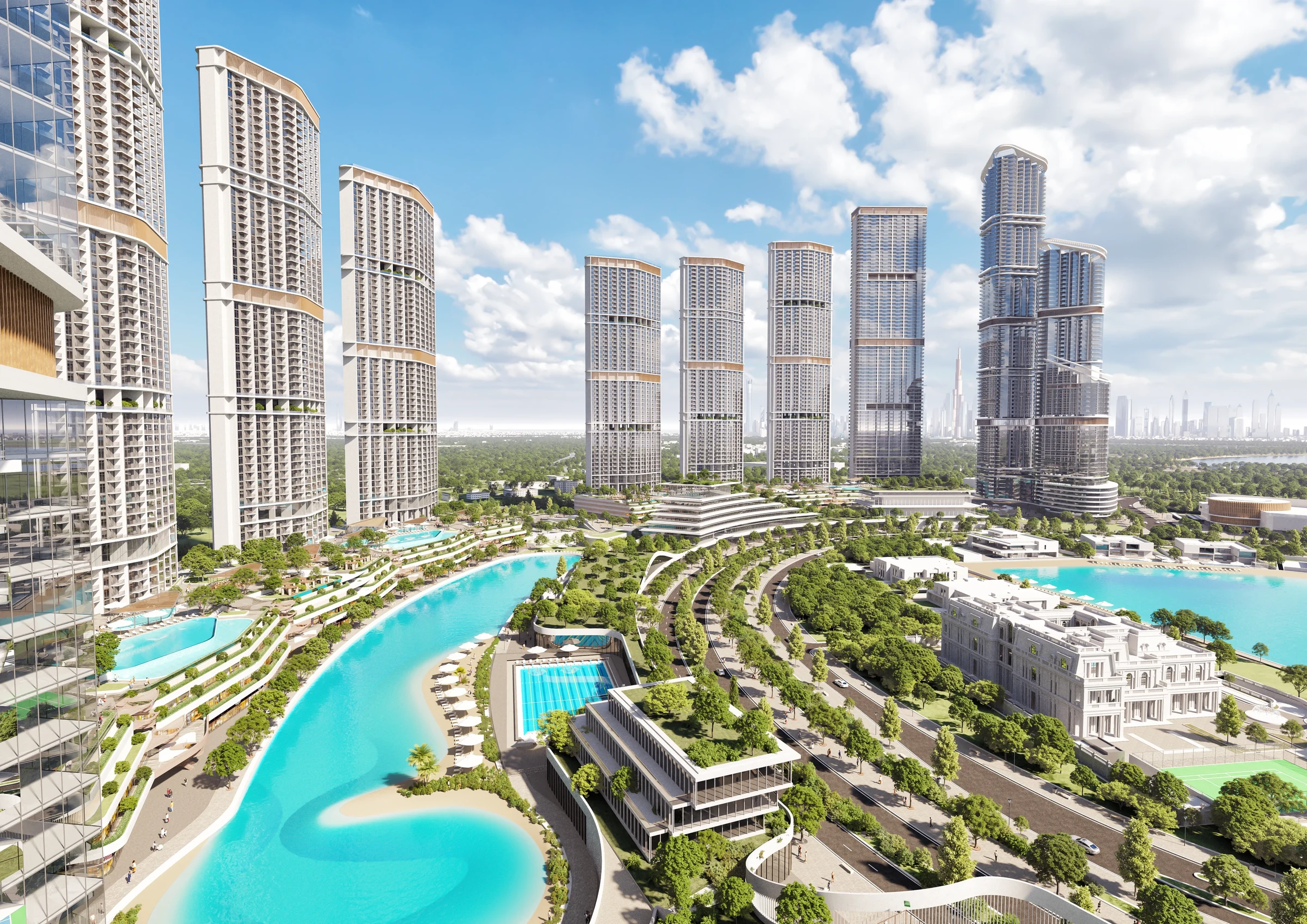 Sobha Hartland II / Overview of the residential towers and water landscape