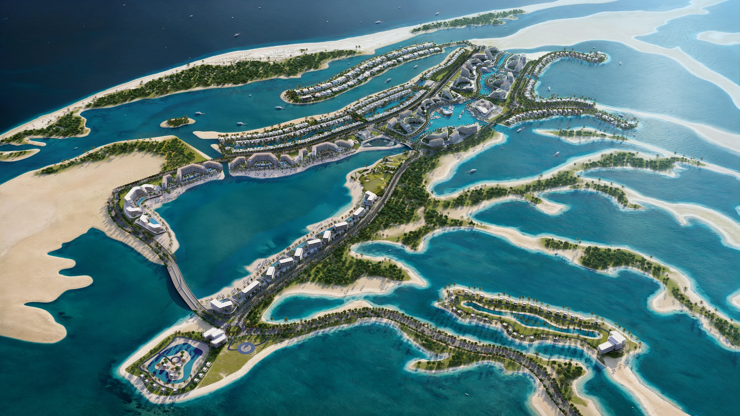 Sobha Siniya Island / Aerial view of the island, residential neighbourhoods and waterways